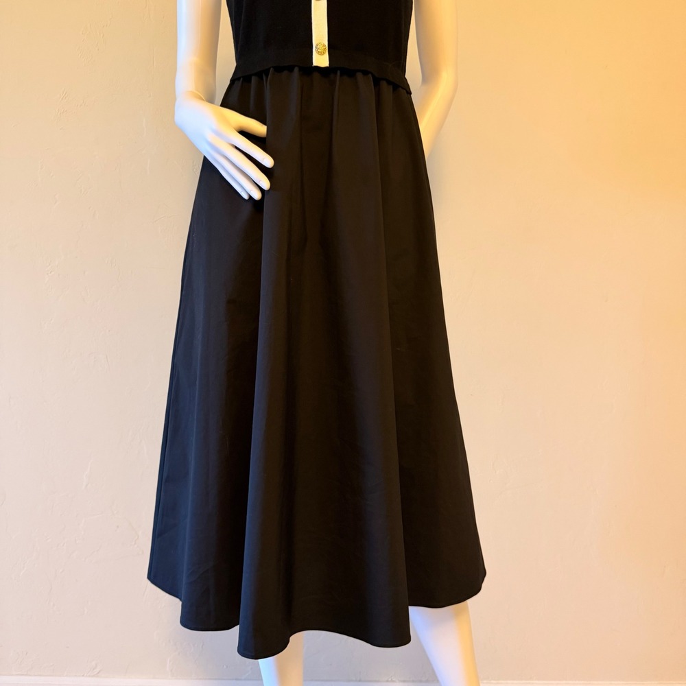 NWT Goelia Women's Black Knit Mixed Media Midi Dress Gold Buttons Sleeveless  S - Picture 4 of 11